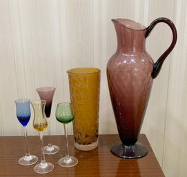 Beautiful 6 Pc Glass Lot ~ Tall Pitcher, 4 Cordials & Martini Pitcher ~