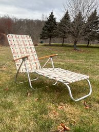 Vintage Aluminum Webbed Chaise Lounge Chair Wood Armrest