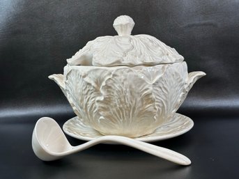 A Very Beautiful Cabbage Ware Tureen In White