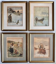 4 Framed 1952 Prints Signed DW