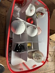 Box Of  Ornaments And 2 Snow Globes
