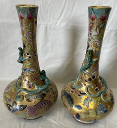 Very Fine Antique/vintage CHINESE Gilt Vases With High Relief Lizard Surround- Artist Signed