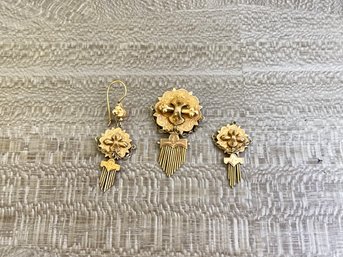 14K Gold Victorian Brooch And Earring Set