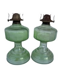 Lot Of Two Vintage Antique Green Depression Glass Oil Lamp With Glass Burner