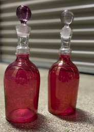 Fabulous Pair Of Vintage Cranberry Glass Decanters With Stoppers