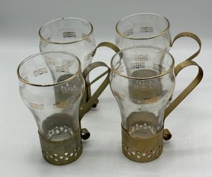 Set Of 4 Beautiful Mid Century Irish Creme Coffee Handled Mugs Glass And Brass