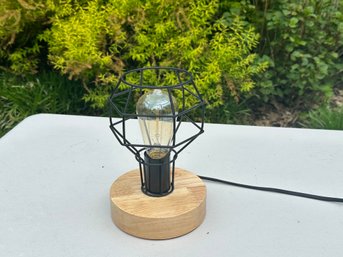 Geometric Cage Edison Bulb Light With Wooden Base