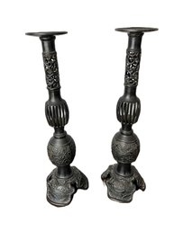 Pair Of Antique Chinese Cast Iron Candlesticks