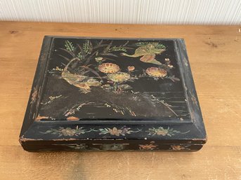 Vintage Hand Painted Black Lacquered Wooden Asian Vanity Jewelry Box