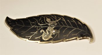 Large Siam Sterling Silver Leaf Form Brooch In Niello With Dancer