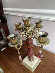 Four Arm Cast Brass Standing Candelabra With Dangling Crystals