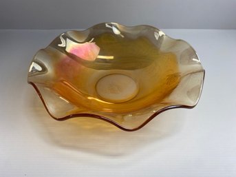 Vintage Iridescent Orange And Red Ruffled Glass Dish