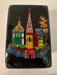 Vintage Russian Hand Painted Hinged Box - Black Lacquer With Renaissance Castle Motif