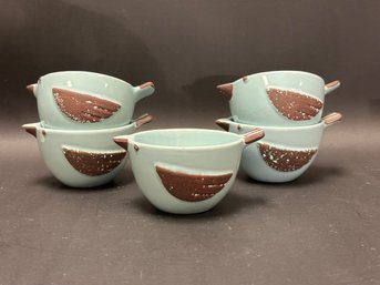 Five Larger Ceramic Bird Cups In Blue & Brown