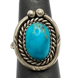 Vintage Native American Sterling Silver Large Turquoise Ornate Ring, Size 4