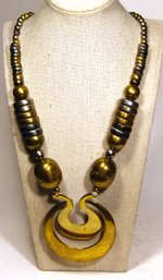 Vintage 1980s Solid Brass Beaded Necklace W Large Pendant