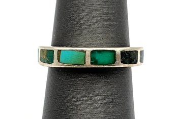 Vintage Sterling Silver Green Turquoise Inlay Ring, Size 5