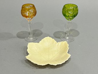 Belleek Leaf Dish And 2 Cut Crystal Cordials