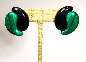 Fine Malachite And Black Onyx 'ying Yang' Pieced Earrings