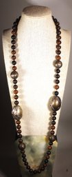 Super Fine Chinese Brown And Black Agate Beaded Necklace W Silver Dragons 34'