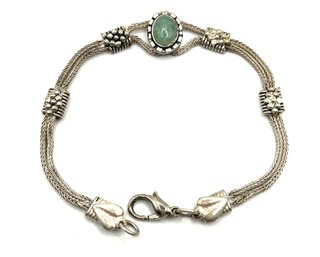 Beautiful Vintage Sterling Silver Polished Green Agate Stone Bracelet