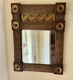 Bespoke Carved Wood Wall Mirror With Brass Decorations