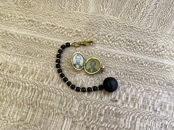 Victorian Photo Locket And Black Glass Bead Fob, Mourning Jewelry Lot