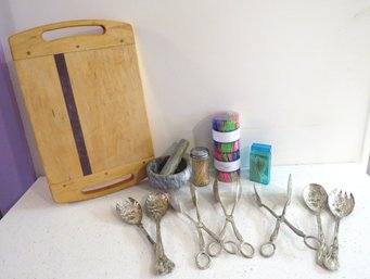 Ornate Salad Tongs, Cutting Board, Toothpicks With Mortar & Pestle