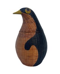 Chinese SHANGHAI HANDICRAFTS Emperor Penguin Bird Wicker Woven Basket Lidded Vtg