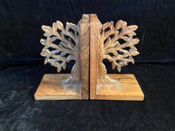 Carved Wooden Tree Designed Bookends