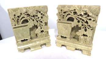 Vintage Carved Chinese Soapstone Floral Book Ends