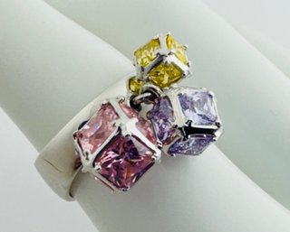 STERLING SILVER WITH PINK, LAVENDER AND YELLOW CRYSTAL DICE SHAPED DANGLES RING