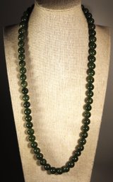 Fine Vintage Spinach Jade Beaded Necklace Having Gold Filigree Clasp 24' Long