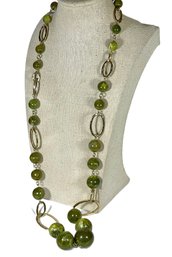 Green Lucite Plastic Gold Tone Beaded Necklace 1960s 32'