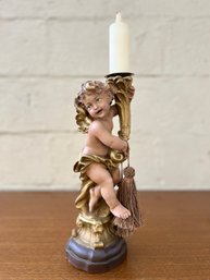 Hand Carved 20th Century Wooden Cherub Angel Candlestick By ANRI, Italy