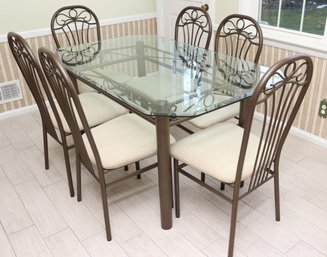 Tubular Metal Dining Set With Octagonal Beveled Glass Table  And 6 Chairs