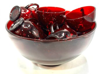 Vintage 16 Piece Royal Ruby Red Punch Bowl Set By Anchor Hocking