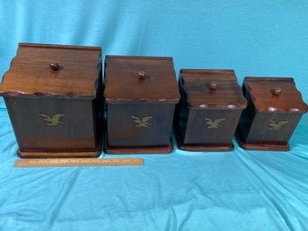 4 MCM Wooden Kitchen Canister Set With Brass Eagle Emblem