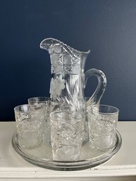 American Brilliant Cut Crystal Pitcher, 4 Glasses And Serving Tray