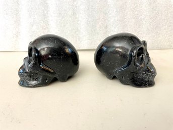 Pair Of Black Tourmaline Skulls 14.7oz & 15.5oz