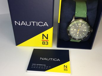 Fantastic Brand New NAUTICA Mens Watch - Black With Green Suede Strap - New In Box - Enjoy Or Nice Gift !