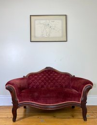 Tufted Camel Back Rolled Arm Victorian Carved Walnut Settee