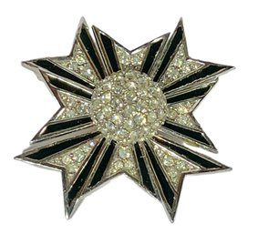 Silver Tone Cross Medal Style Brooch Black Enamel Rhinestones