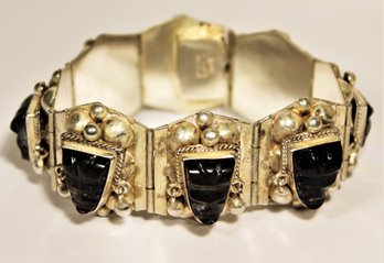 Vintage Mexican Sterling Silver Bracelet Having Black Onyx Mask Stones 7 1/4'