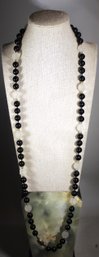 Fine 36' Long Genuine Black Onyx Frosted Rock Crystal Beaded Necklace
