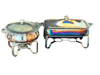 Pair Of Complimentary Silver Plate Chaffing Dishes With Pyrex Inserts