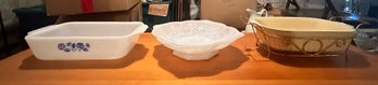 Milk Glass Serving Bowl,  Pfaltzgraff FTDA 1983 32 Oz. With Metal Rack & Anchor Hocking Glass Pan Dish.