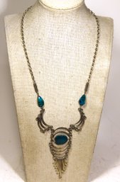 Hippie 1970s Silver Tone Necklace W Green Turquoise Stones