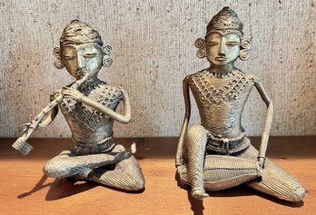 Wonderful Pair Of Mid Century Brass East Asian Music Playing Figurines