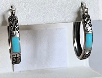 VINTAGE STERLING SILVER TURQUOISE MARCASITE HOOP EARRINGS